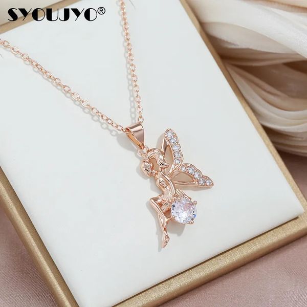 Chokers syoujyo anjo asas pingente colar para mulheres natural zircon vintage jóias 585 rosa cor de ouro presente de casamento 231020