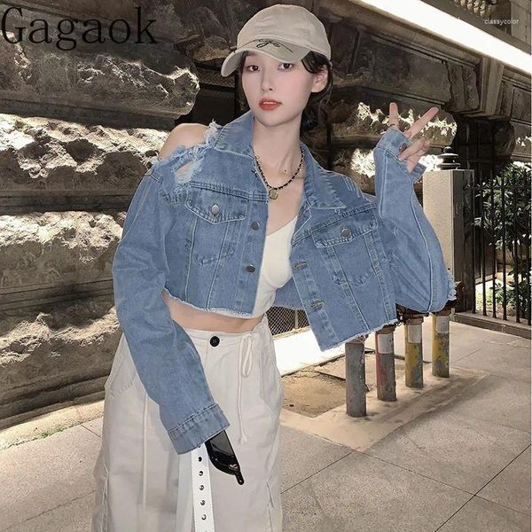 Giubbotti da donna Gagaok Denim Cappotto coreano stile retrò Donna Autunno 2023 Corto streetwear Scava fuori Giacca slim allentata Top a maniche lunghe