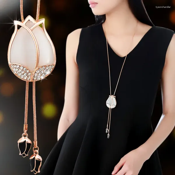 Ожерелья с подвесками, элегантное длинное ожерелье с опаловым цветком и кисточкой, женское бижутерное белое и розовое модное ювелирное изделие, милый подарок
