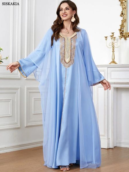 Ethnische Kleidung Siskakia Fashion Indoor Kleid Frauen Muslim Chic Solide Perlen Volle Hülse V-ausschnitt Casual Islamischen Dubai Türkei Jalabiya