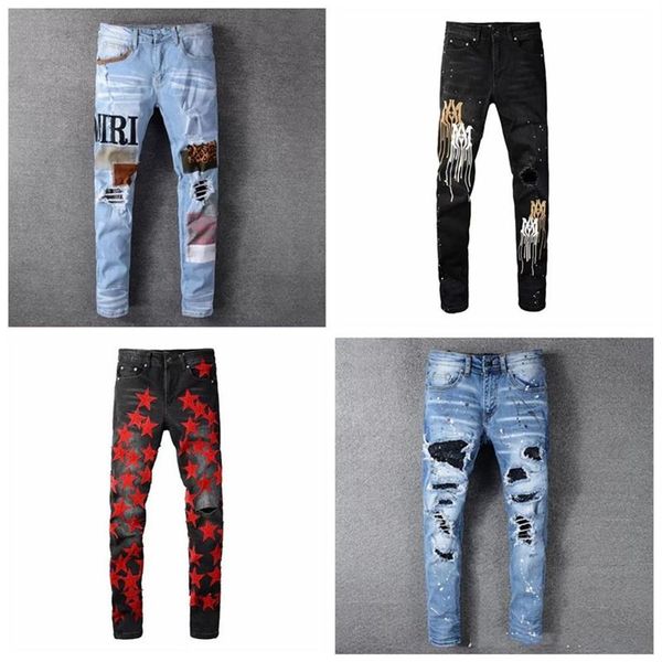 Abbigliamento unisex jeans blu scuro vaqueros montana Pantera Stampa Verde militare Lungo Distressed Cotone Coniglio Adesivo Ricamo Slim Denim 237i