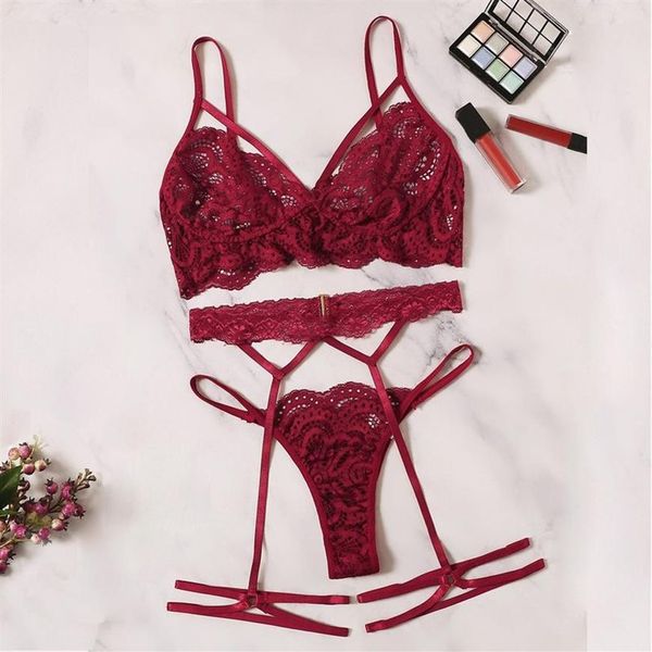 Sexy Dessous BH Set Damen Sexy Spitze Rot Sling BH Tanga Strumpfband Unterwäsche Set S-XL Nachtwäsche Dessous Sets Lenceria266S