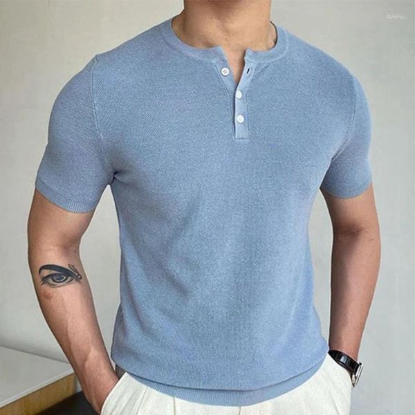 Herren-T-Shirts, klassisches Strickoberteil, Herren-T-Shirts, schmale Passform, kurze Ärmel, Knopfleiste, O-Ausschnitt, reine Farbe, gestricktes Hemd, Sommer, lässige Herrenkleidung, Herbst