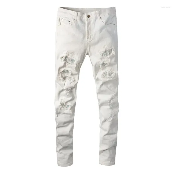 Jeans masculinos S Italian Drip Danificado Buracos Branco Slim Fit Strass Patchwork Stretch