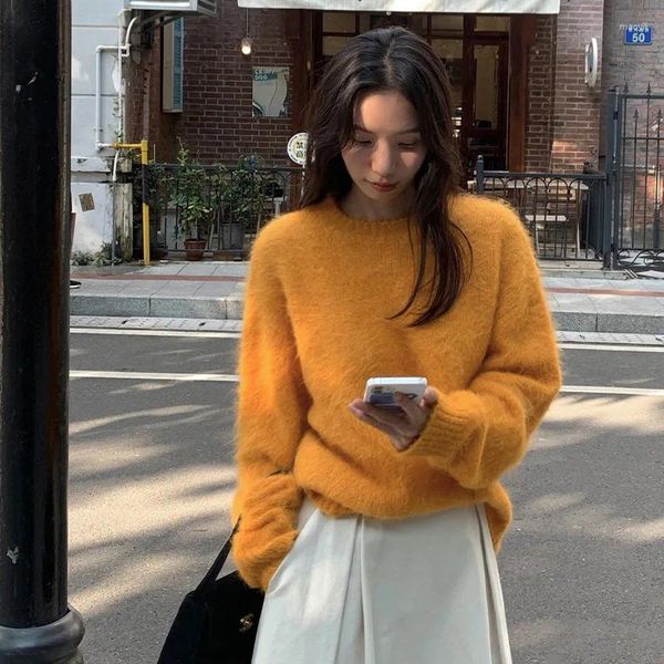 Suéter feminino tricotado suéter sólido coreano dongdaemun 2023 outono cardigan moda vintage alta qualidade tops inverno quente manga comprida