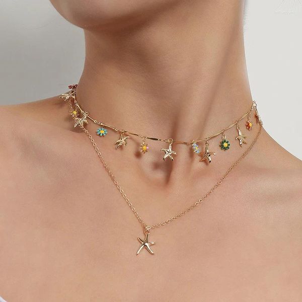 Anhänger-Halsketten für Damen, doppelschichtig, bunt, tropfende Gold-Seestern-Halskette für Frauen, kurze Strand-Halsreifen, Schmuck, Boho-Accessoires