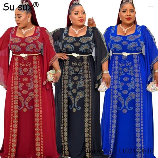 Roupas étnicas Roupas africanas para mulheres Dashiki Robe Vestidos Kaftan Muçulmano Vestido de Festa de Casamento Chiffon Manga Flare Maxi Vestido Noite