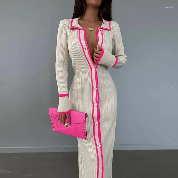 Casual Dresses Gestreiftes Patchwork Slim V-Ausschnitt Kleid Strickjacke Frauen Kontrast Langarm High Street Maxi Weibliche Elegante Party Vestido 2023