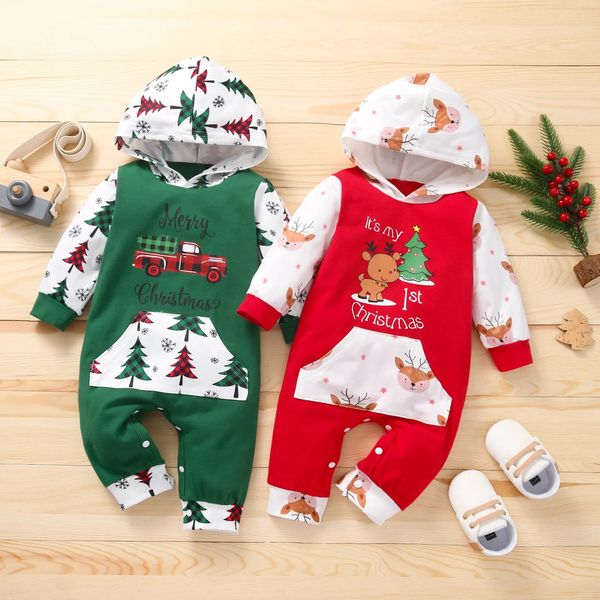 Рождественский комбинезон с ранним снегом для маленьких девочек и мальчиков, хлопковый комбинезон с капюшоном и вертикальным узором, простая повседневная милая домашняя одежда 231019