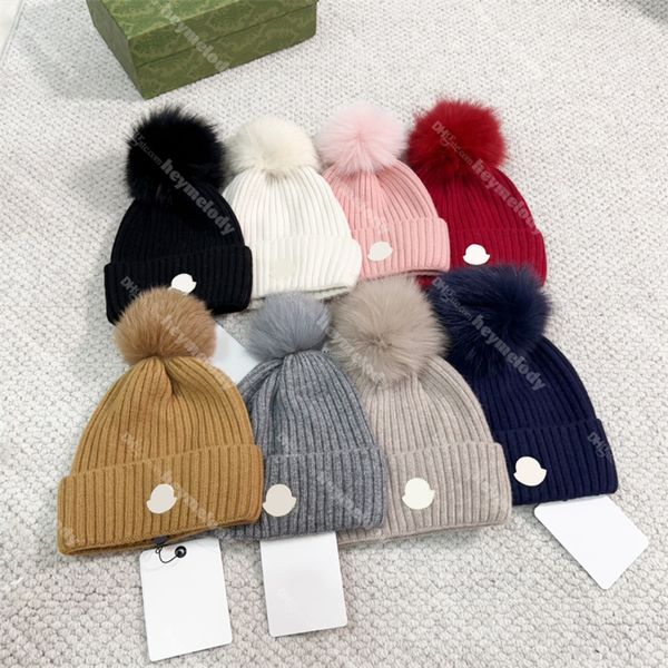 Büyük tilki saç topu Beanies Sonbahar Kış Erkekleri Kadın Beanie Yün Örme Sıcak Örme Şapka Yumuşak Kaşmir Kafatası Kapakları 1: 1 Özelleştirme