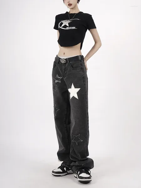 Jeans da donna Streetwear Nero Pentagramma A Vita Alta Y2K Coreano Hip Hop Denim Dritto Fidanzato Baggy Per Le Donne Pantaloni 2023