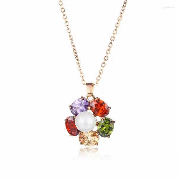 Anhänger Halsketten ZSLBS Mode Halskette Für Frauen Perle Kette Kristall Blume Kupfer Zirkon Bunte Bijoux Collier Elegant