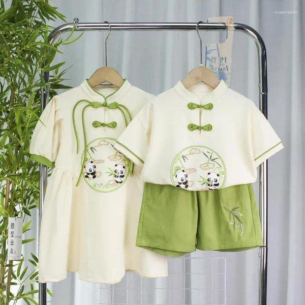 Conjuntos de roupas crianças estilo chinês roupas irmãos combinando roupas meninos e meninas menina vestido de verão crianças 2pcs