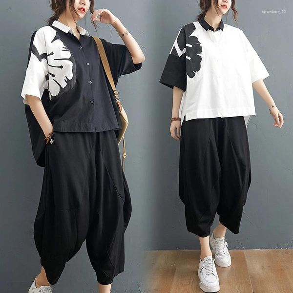 Calças femininas de duas peças 2023 estilo coreano solto graffiti blusa perna larga 2 pcs rua moda feminina roupas define chique menina verão casual