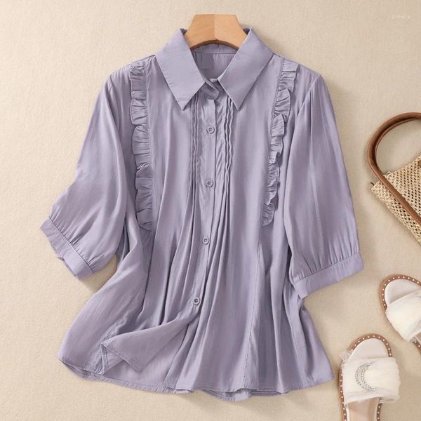 Camicette da donna Limiguyue Camicetta di lino in cotone pieghettato carino Camicie da donna con volant Camicie estive Office Lady Casual Top Letterario femminile Panno Viola