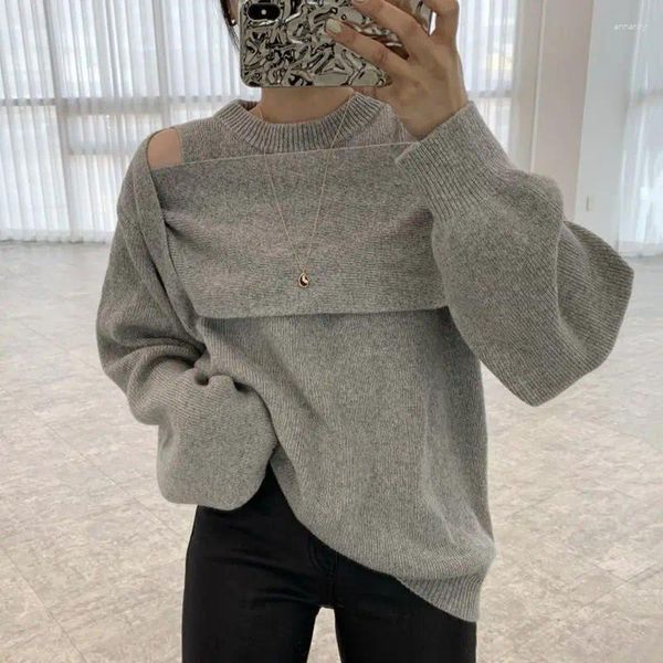 Kadın Sweaters y2k üst jumper büyük boy kazak yuvarlak boyun boş omuz tasarım gevşek örgü gri grunge sueter mujer siyah