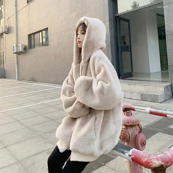 Kadın Hoodies Kore Beyaz İmitasyon Taşım Giyim Üst Kat Kadın Kış Sıcak Palto Sıcak Palto Sıradan Paltolar Kapşonlu Sahte Kürk Peluş