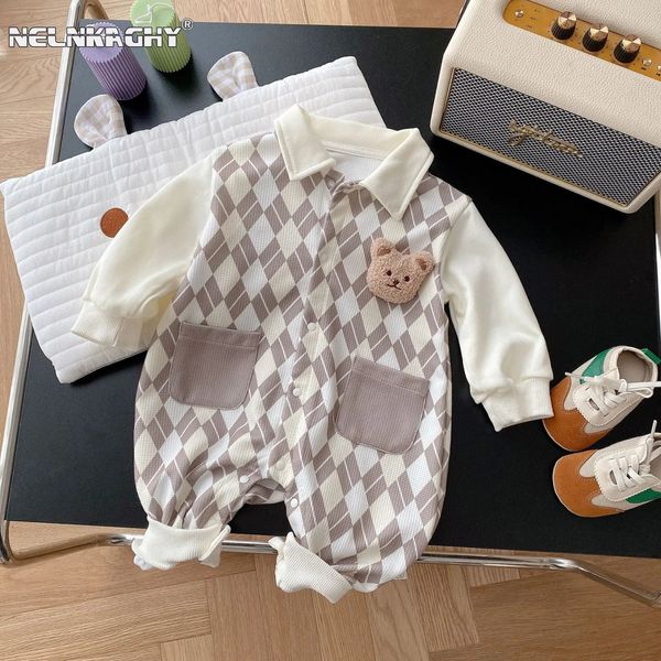 Bebek Bebek Erkek Çocuklarda Sonbahar Full Sleep Plaid Bear Single Breated Outwear Born Çocuk Tulunlar Toddler Romper 0 24m 231019