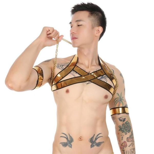 Sutiãs conjuntos de corpo cinta homens dourado arnês correntes sexy bondage peito fetiche alta elástica lingerie hombre traje oco com braço band267r