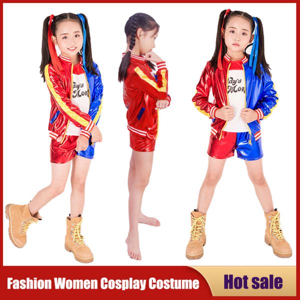 Cosplay Ragazza Donna Costumi Cosplay Film Clown Suicide Harley Suit Squad Quinn Monster Giacca Pantaloncini Set Party Halloween Anime Vestiti