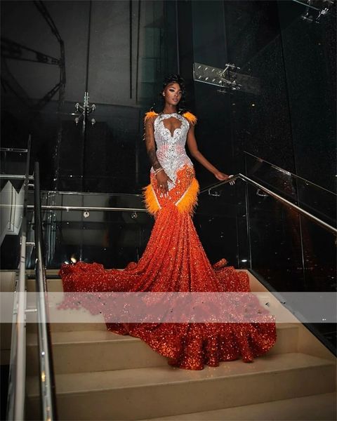 Sparkly Orange Mermaid Prom Dress 2024 For Black Girls Glitter Bead Crystals Feathers Luxury Evening Party Gown Robe De Bal