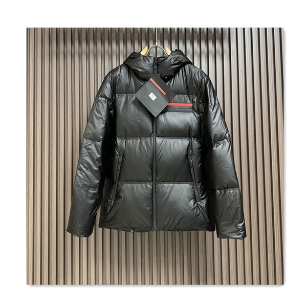 Winter-Herren-Daunen-Designer-Daunenjacke, modische Kapuze, rotes Logo, bedrucktes Nylon, wasserdichter Stoff, verdickter Herrenmantel, Outdoor-Wärme, winddicht, lässiges Daunen-Oberteil für Herren