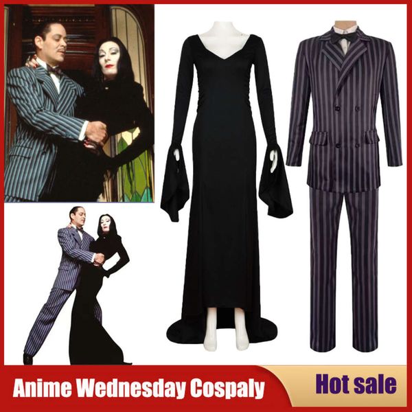 Cosplay filme quarta-feira addams cospaly morticia traje preto punk gótico vestido gomez uniforme festa de halloween carnaval peruca adulto outfit