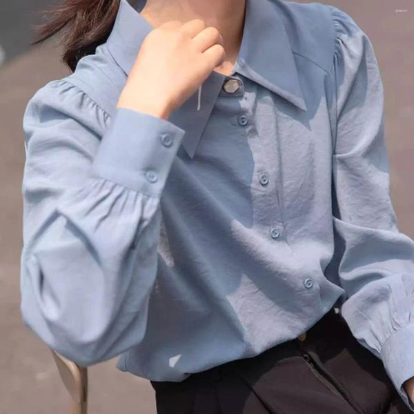 Blusas femininas roupas coreano elegante turndown colarinho manga longa branco azul sólido chiffon camisas e senhoras topos trabalho wear