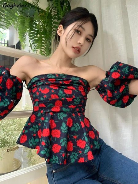 Kadın bluzları Çiçek Kadınlar Vintage Yaz Kore tarzı eğik çizgi boyun bayanlar fırfırlar mizaç puflu manşon zarif moda ulzzang