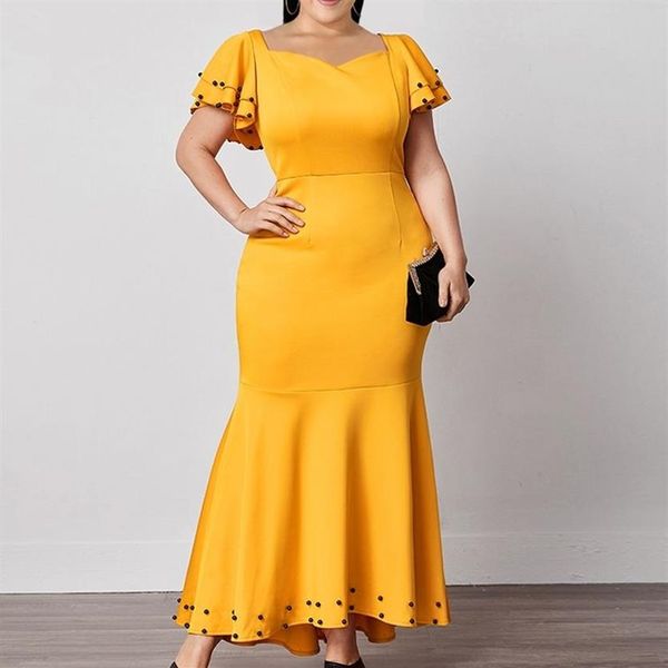 Plus size vestido de sereia 5xl 4xl para mulheres longo fino amarelo cintura alta miçangas mangas curtas festa de aniversário data fora moda robe 2291r