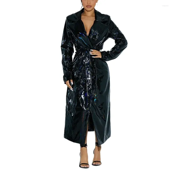 Женские тренчи, модное женское длинное пальто из блестящей кожи из ПВХ с поясом, пальто с мокрым эффектом, пальто с воротником и рукавами, сексуальная клубная одежда в стиле фетиш