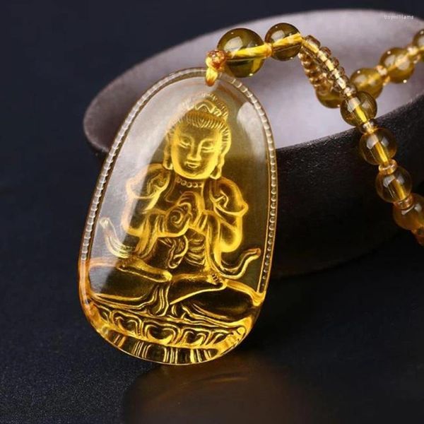 Collane con ciondolo Collana di divinità guardiane del Buddha per donna Uomo Gioielli con amuleto in pietra gialla intagliata