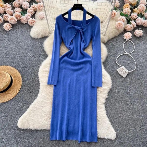 Vestidos casuais torção halter pescoço vestido de malha para mulheres cintura alta slim fit back fenda manga longa bottoming outono e inverno