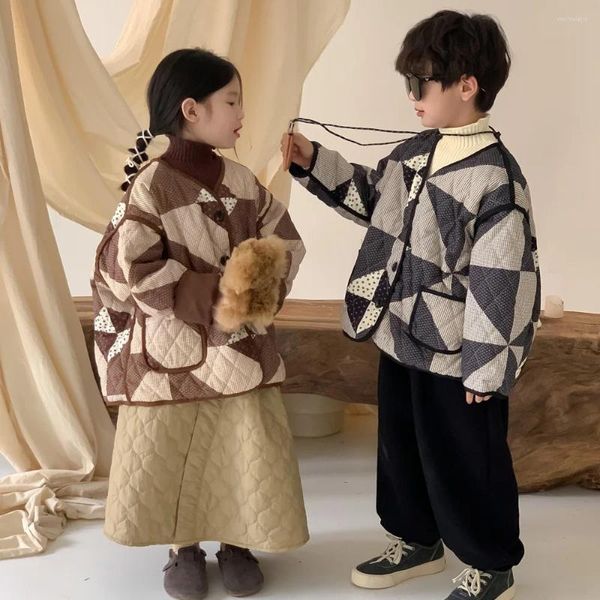 Casaco de inverno infantil, parkas com geometria irregular, acolchoado de algodão, casacos soltos, grossos, quentes, gola redonda, para meninos e meninas