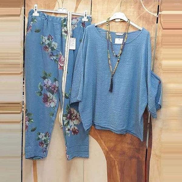 Calças femininas de duas peças terno para mulheres agasalho boho imitação blusa de linho tops conjunto floral primavera vintage manga curta combinando
