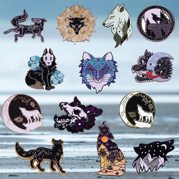 Pins broches crânio lobo esmalte pino okami romance escuro broche animal vida selvagem emblema demônio arte jóias 264v