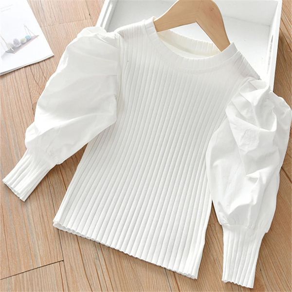 Pulôver meninas puff manga t camisa primavera 2023 moda infantil longo bebê vestindo malhas crianças menina camisa de fundo 231019
