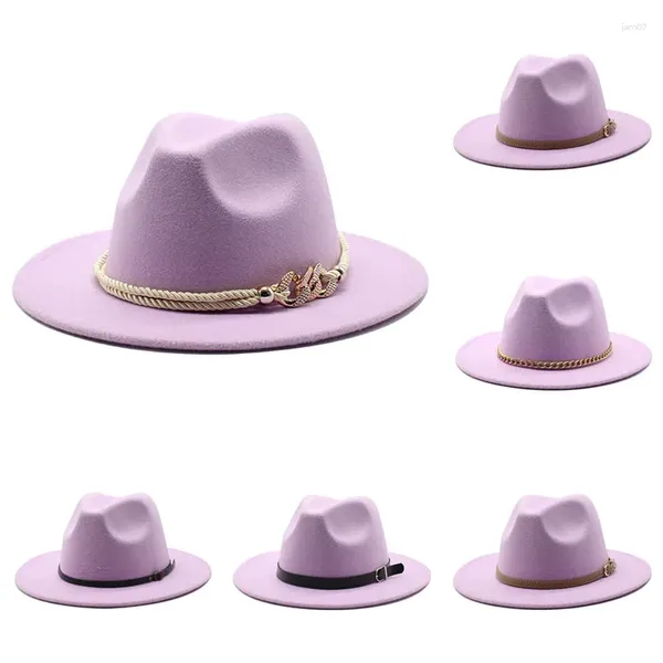 Berets Estilo Simples Taro Roxo Homens Fedora Jazz Hat para Mulheres Gir Plana Aba Larga Panamá Lã Atacado