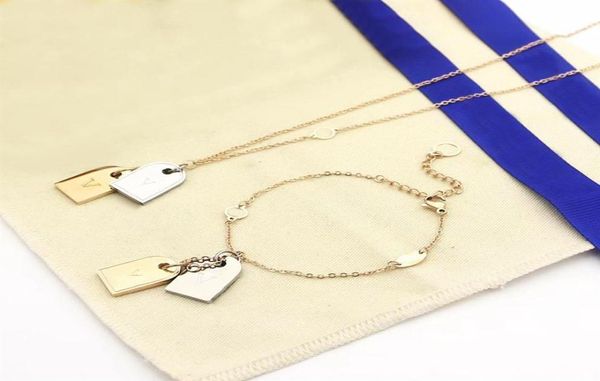 Moda colar pulseira conjuntos de jóias homem senhora mulheres metal gravado iniciais duplo quadrado pingente nanograma tag colar pulseira1901608