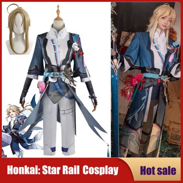 Cosplay anime oyunu honkai: yıldız ray cosplay kostüm yanqing kıyafetler erkekler için muhteşem yakışıklı peruk elbise parti karneval cadılar bayramı tam set