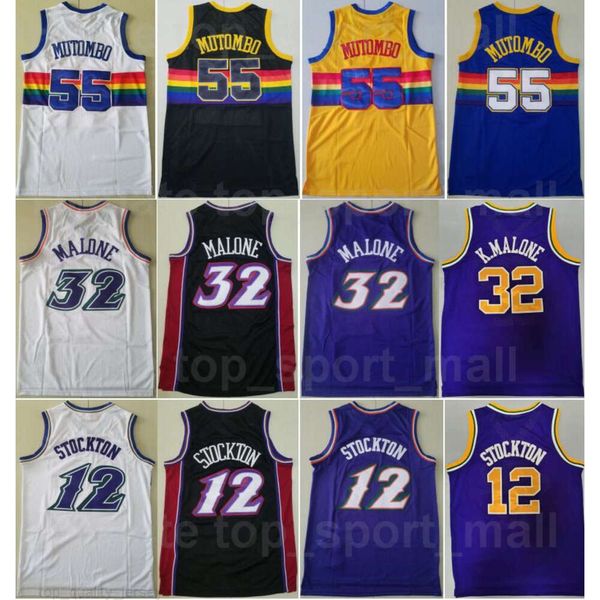 Retrocesso Vintage Basquete Carmelo Anthony Jerseys 15 Dikembe Mutombo 55 Allen Iverson 3 Karl Malone 32 John Stockton 12 Retro Azul Amarelo Branco Preto Roxo