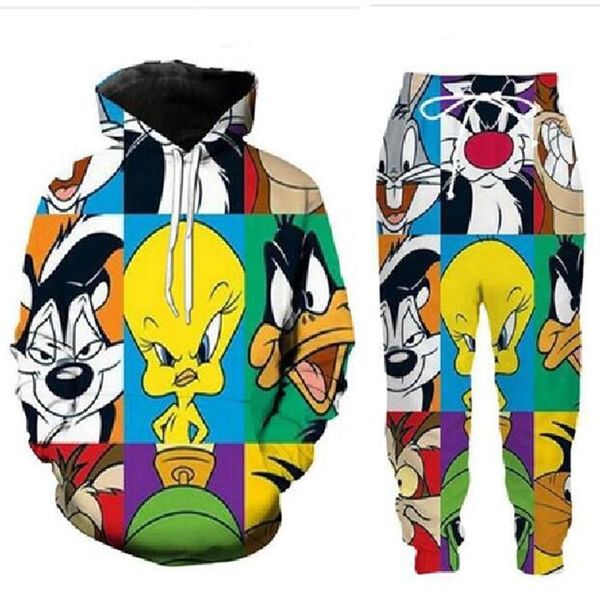 Novos Homens Mulheres dos desenhos animados Looney Tunes Engraçado Impressão 3D Moda Treinos Crewneck Hip Hop Moletom e Calças 2 Pcs Set Hoodies TZ01253P