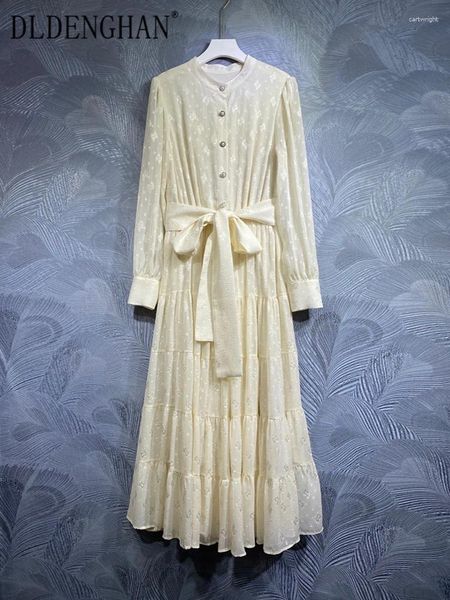 Sıradan Elbiseler Dldenghan Sonbahar Jakard Elbise Kadın Stand Yakası Fener Kol Kristal Düğmesi Vintage Uzun Moda Tasarımcısı