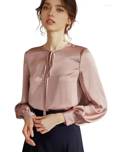Blusas femininas moda elegante blusa de cetim manga balão rendas até laço coreano camisa longa senhora do escritório primavera gelo seda blusas