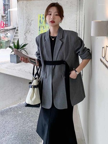 Ternos femininos lanmrem fita fenda blazer casacos para mulheres entalhado mangas compridas soltas roupas de moda senhora do escritório casual estilo coreano 2r8135