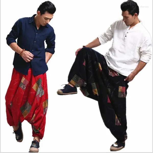 Calças masculinas unissex casual grande grande virilha Índia Nepali Yoga calças estilo chinês homens usam preto azul vermelho vintage impressão harem calças