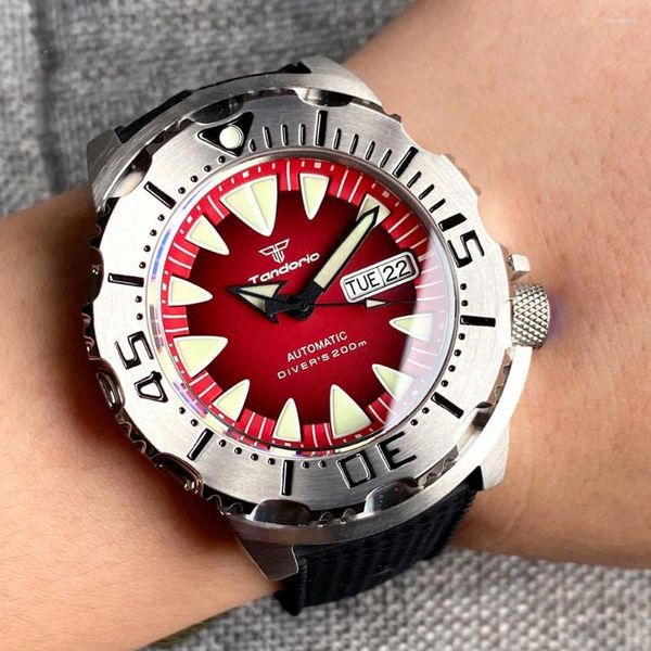 Orologi da polso Dive 42mm Tandorio Monster Case 200M Impermeabile NH36A Orologio automatico da uomo AR Vetro zaffiro Luminoso cinturino in caucciù rosso giallo