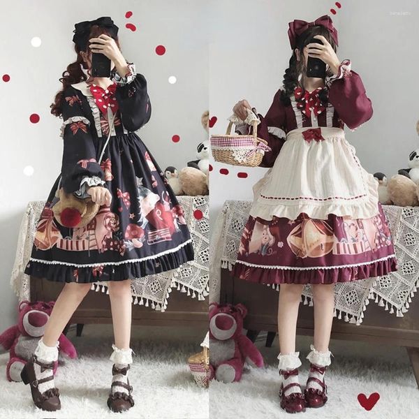 Lässige Kleider Original Weihnachtsfeier OP Lolita Kleid Herbst Winter Langarm Cartoon Gedruckt Bogen Rüschen Harajuku Vintage Für Frauen