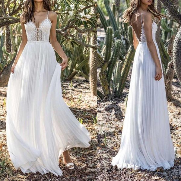 Sıradan Elbiseler Bayanlar Dantel Maxi Elbise Sırtsız Derin V Yastık Sundress Yüksek Bel Beyaz Cüppeler Düğün Vestido Para Mujer için Kadınlar