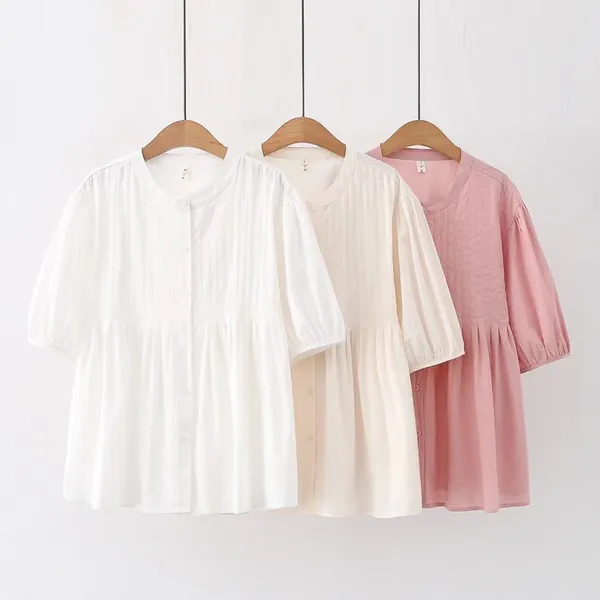 Damenblusen, Baumwoll-Tops für Frauen, 2023, japanischer Stil, Y2k, frisch, kurzärmelig, O-Ausschnitt, weiß, rosa, solides Hemd, übergroße Vintage-Bluse